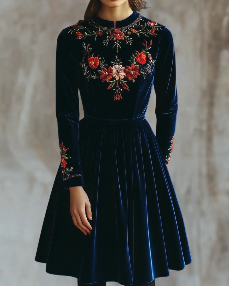 Chic Stand Collar Embroidery A-line Velvet Dress