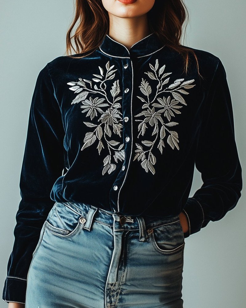 Stylish Silver leaves Embroidery Single-breasted Velvet Shirt